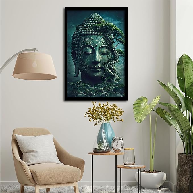 Buddha statue wall art canvas wall decor aesthetic picture mystical nature art for tranquil home and spiritual space 24x36in Metal blackFramed