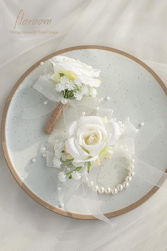 Floroom Ivory Rose Wrist Corsage Bracelet Wristlet Band and Men Boutonniere Set for White Wedding Flower Accessories Prom Suits