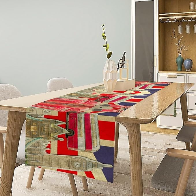 British Table Runner, Seasonal Vintage Buildings England London Culture Element Coffee Table Center Decor for Home Kitchen Dining Patio Holiday Party Table Decorations 13x108 inches