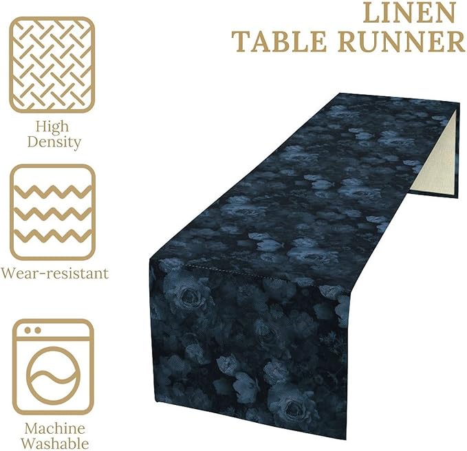 Gothic Floral Table Runner, Retro Dark Blue Flower Garden Witchy Rose Print Coffee Table Center Decor for Home Kitchen Dining Patio Holiday Party Indoor Outdoor Table Decorations 13x108 inches