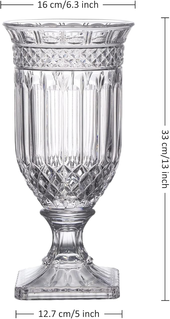 Joeyan 13" Glass Urn Vase,Tall Centerpiece with Ripple Diamond Pattern,Thickened Vase for Home, Wedding Parties
