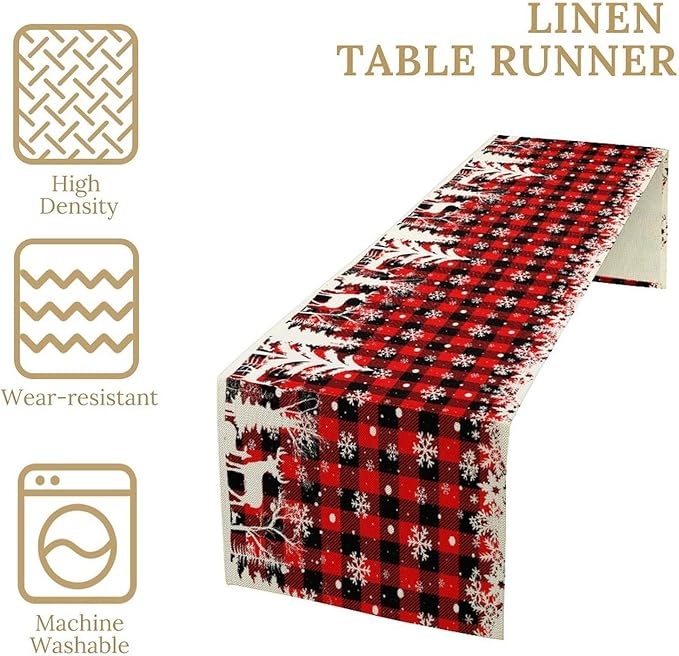 Christmas Table Runner,Red Black Plaid Xmas Snowflakes Deer Trees Print Tablecloth Burlap for Hotel Indoors Outdoor Dining Room Kitchen Home Decor,W13X L36 in