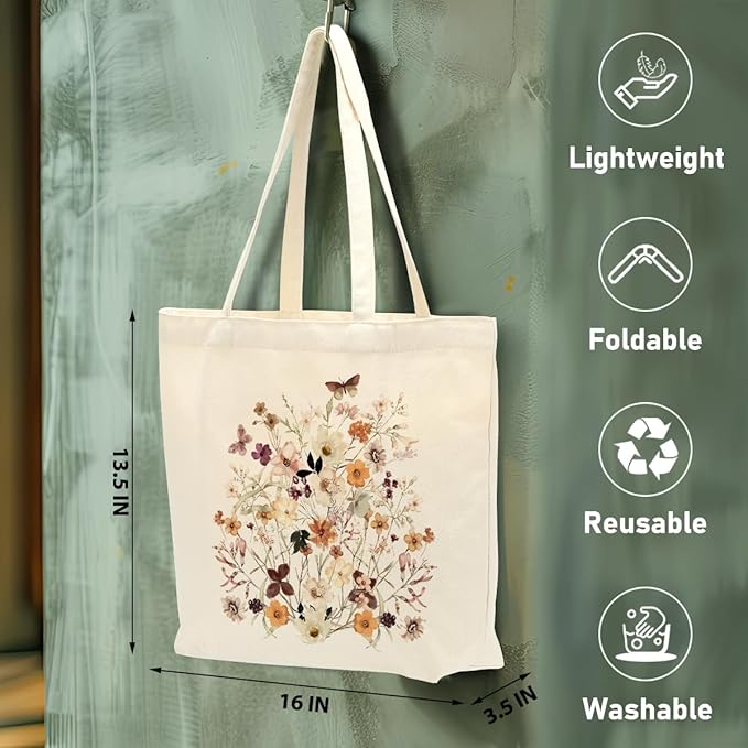 Aesthetic Floral Canvas Tote Bag for Women with Pocket, Tote Bags for Grocery Shopping Travel Christmas Birthday
