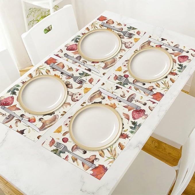 Mushroom Botanical Placemats Set of 4 Mushroom Plants Place Mats Botanic Waterproof Washable Table Mats Kitchen Dining Decoration 4 PCS