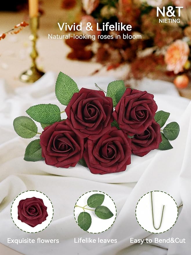N&T NIETING Artificial Flowers, 25Pcs Fake Flowers Roses Perfect DIY Wedding Bouquets Centerpieces Bridal Shower Party Valentine's Day Home Flower Arrangement Decorations, Dark Red