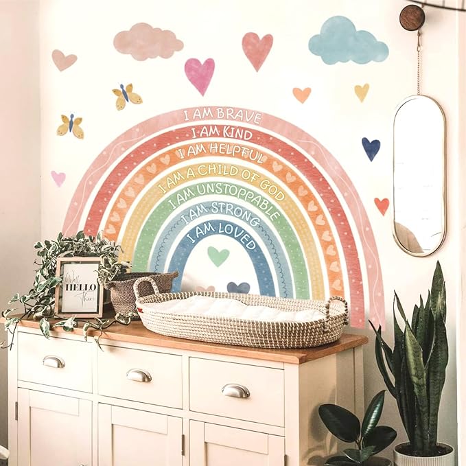 Large Rainbow Wall Stickers Kids Inspirational Wall Decal Peel and Stick Boho Rainbow Walls Decals for Baby Girls Bedroom Pastel I Am Motivational Art Mural for Nursery Playroom Decor 44.5"x73.4"