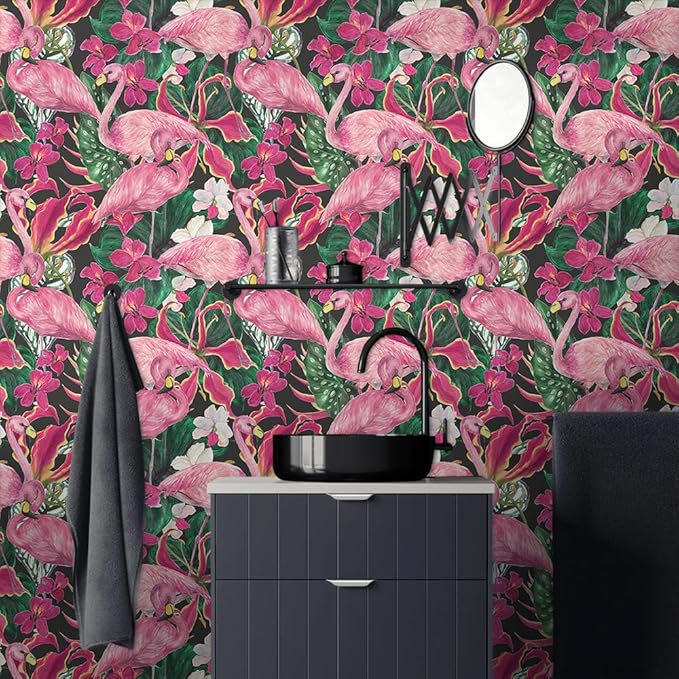 Modern Abstract Tropical Flamingo Birds Peel and Stick Wallpaper Easy Peel Off Contact Paper Stick on Adhesive Wall Paper for Bathroom Waterproof Renter Friendly
