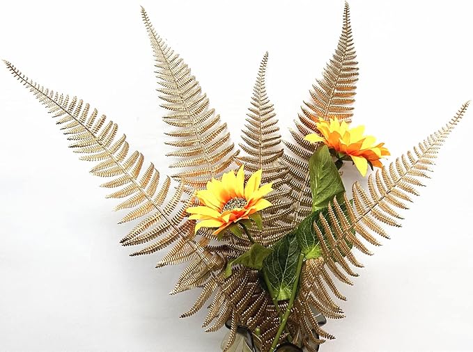 CATTREE Artificial Gold Plants Large Fern Leaves Tall 23" - 10 Pack, Fake Boston Ferns Golden Plant Decorations Plastic Faux Foliage Shrubs Simulated Leaf for Party Wedding Table Centerpiece DIY Décor