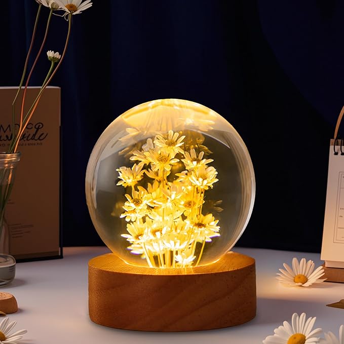 Daisy Decor Gifts,Daisy Flower Lamp Crystal Ball Night Light,2.4 Inch Glass Ball Lamp with LED Wooden Base,Soft Warm White Lighting for Women Best Friends Sister Birthday Xmas Aesthetic Gift(Yellow)