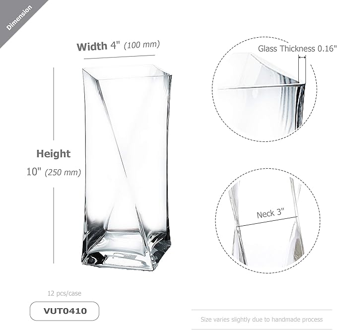 WGV Twist Bouquet Vase Bulk, 4" W, 10" H, Clear Square Block Gathering Hurricane Glass Floral Container, Centerpiece, Home Wedding Event Decor, 12 Pieces(VUT0410)