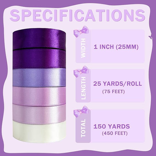 150 Yards Purple Satin Ribbon 1 Inch 6 Rolls Assortment Ribbons for Crafts Gift Wrapping Flower Bouquet Wedding Invitations Birthday Party Festival Decoration Hair Bows