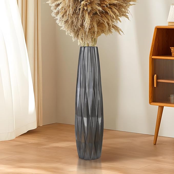 Silvery Ceramic Tall Floor Vase,28 Inch Large Modern Flower Vases for Home Décor,Wicker Big Floor Vases Decorations for Farmhouse, Living Room,Bedroom,Standing Plastic Vase Decorative Tall