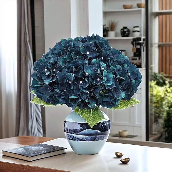2Bouquets Artificial Fake Flowers Plants Silk Hydrangea Arrangements Wedding Bouquets Decorations Plastic Floral Home Kitchen Garden Party Festival Bar DIY((Dark Peacock Blue)