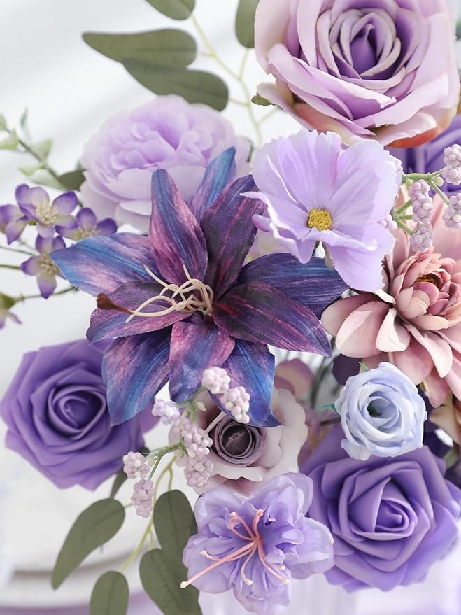 Artificial Flowers Combo Box Purple Flowers Silk Fake Roses with Stems for DIY Wedding Bridal Bouquets,Table Centerpieces,Cake Floral Arrangement,Baby Shower,Birthday Party Home Decorations