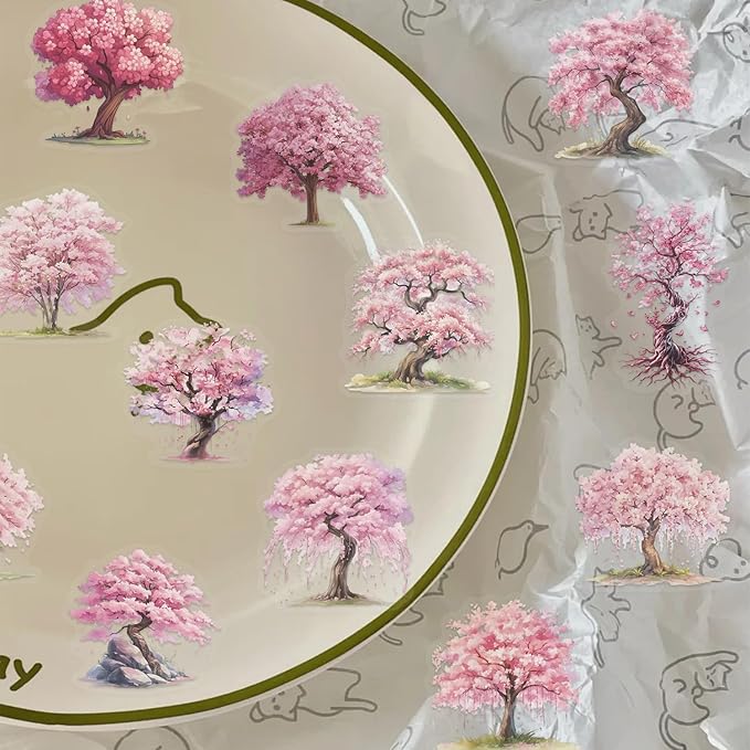 50 Pcs Carambola Tree Stickers, Pink Watercolor Cartoon Stickers, Transparent Waterproof Vinyl Stickers for Scrapbooking, Journaling, Laptop, Water Bottle, Phone Case Decoration for Her, Teen Girls