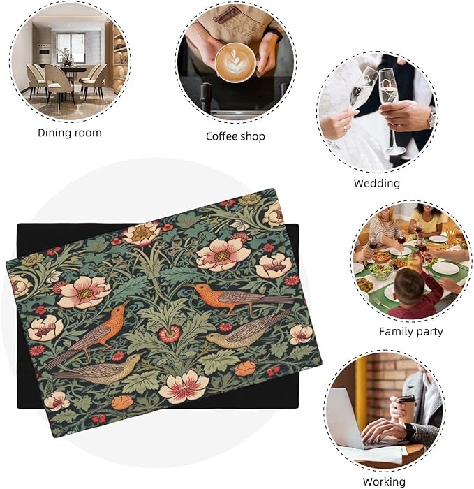 William Morris Placemats, Vintage Rustic Natural Green Plant Flower Strawberry Birdie Print Washable Fabric Placemats Table Kitchen Dining Party 12x18 Inch Set of 4