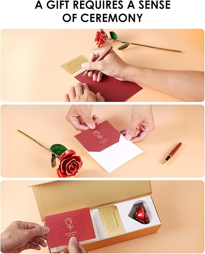 24K Gold Dipped Rose – Handpicked Real Rose Preserved in 24K Gold – Passionate, One-of-a-Kind Romantic Gift for Her – Ideal for Birthday, Anniversary, Mother’s Day, Valentine’s Day (Red)