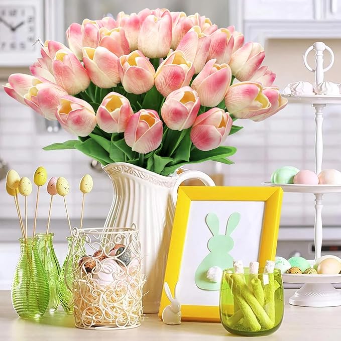 28pcs Pink Flowers Artificial Tulip Stems Real Feel PU Tulips for Easter Spring Wreath Wedding Bouquet Centerpiece Floral Arrangement Cemetery Table Décor 13" Tall