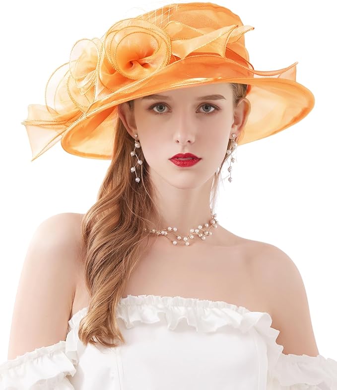 Organza Derby Hats for Women Wide Brim Fascinator Hat Rose Flower Wedding Tea Party Hat