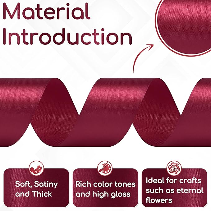 Wine Red Satin Ribbon 1-1/2 Inch 60 Yards, Solid Burgundy Polyester Fabric Ribbon for Crafts, Gift Wrapping, Flower Bouquet, Baby Shower, Birthday, Wedding and Festival Decor