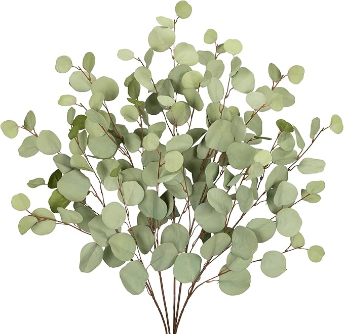 Green Eucalyptus Stems 34" Long Silver Dollar Leaves - 5 Pcs Silk Stems for DIY Bouquet Arrangements, Centerpieces, Shower Decorations - Artificial Spray