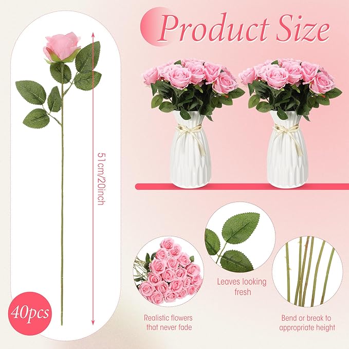 Hotop 40 Pcs Rose Artificial Flowers Bulk with Long Stem,Realistic Silk Fake Roses Bouquet for Home Wedding Centerpieces Party Table Decoration Valentines Gifts(Pink)