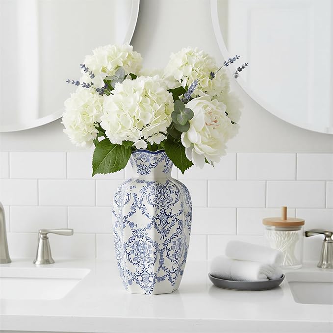 9.5-Inch Blue & White Rustic Vintage Ceramic Vase, Aesthetic Farmhouse Pottery Decor for Living Room, Dining Room & Office