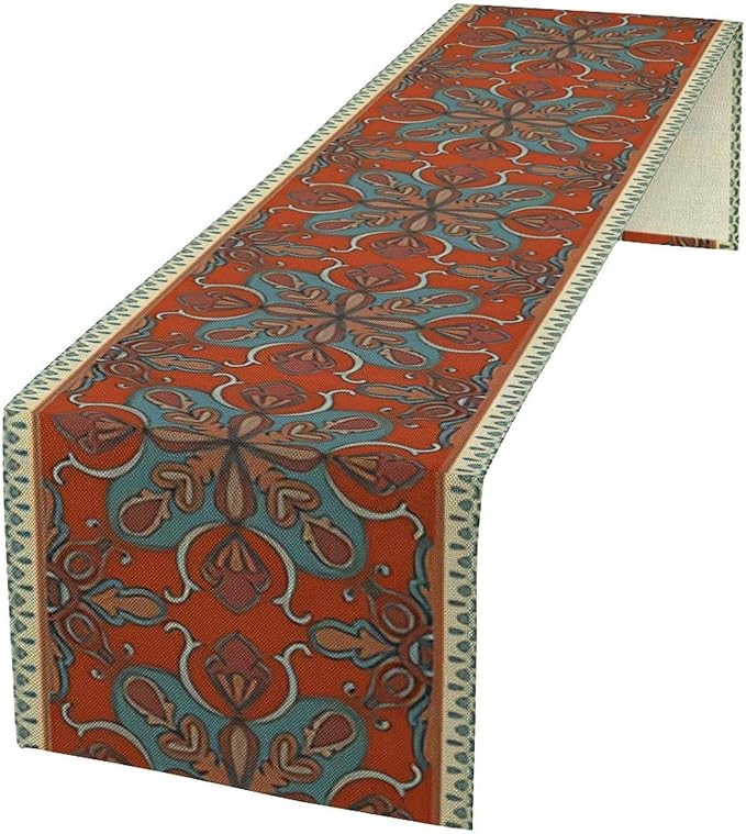Boho Floral Table Runner, Burnt Orange Blue Traditional Ethnic Flower Vintage Farmhouse Table Runner for Kitchen Dining Wedding Party Decor, 13x90 Inch