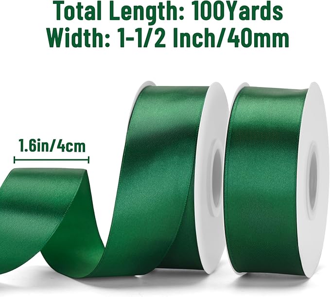 KINGLAKE Forest Green Satin Ribbon – 1 1/2'' x 100 Yards Polyester Dark Green Ribbon for Christmas Tree Green Christmas Ribbons for Gift Wrapping Wedding Party Decoration Crafts Floral Bouquets Wreath