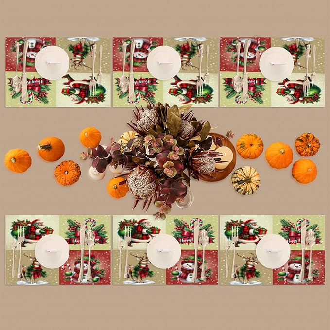 Christmas Waffle Santa Claus Cute Placemats Set of 6 PVC Vinyl Non Slip Table Mats Heat Resistant Place Mats Washable Wipeable Dining Table Mat for Kitchen Decor Party Indoor Outdoor Decorative Gift