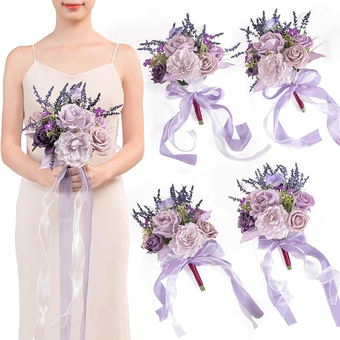 TINGE TIME 7 Inch Artificial Flowers Wedding Bouquets for Bridesmaid, Set of 4, Lavender Bride Tossing Bouquet for Rustic Wedding Ceremony Bridal Shower Rehearsal Dinner Vintage Party