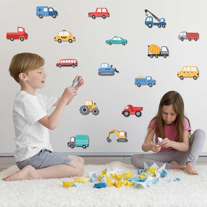 Cartoon Car Wall Stickers for Kids Room 48PCS Racecar Truck Vinyl Decals Waterproof Removable Vehicle Stickers for Nursery Playroom Decor Easy to Apply Reposition (Transportation Theme)