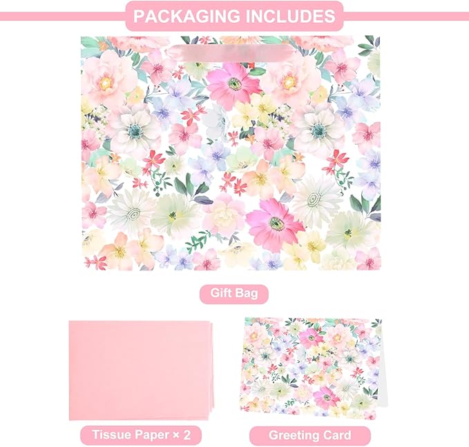 ASYEH NR 13" Large Size Floral Gift Bag Floral Flower Pattern Vintage Gift Bag with Greeting Card Tissue Paper for Girls Women Birthday Mother's Day Valentine's Day Anniversary Wedding Spring Supplies