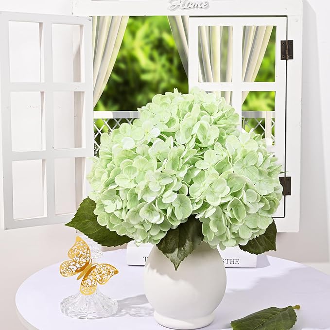 6 Pcs Light Green Hydrangea Artificial Flowers, Latex Real Touch Hydrangea Flowers, 19.6'' Full Faux Hydrangea Flowers Fake Flowers for Home Decor Party Wedding Centerpiece Bouquet Floral Arrangements
