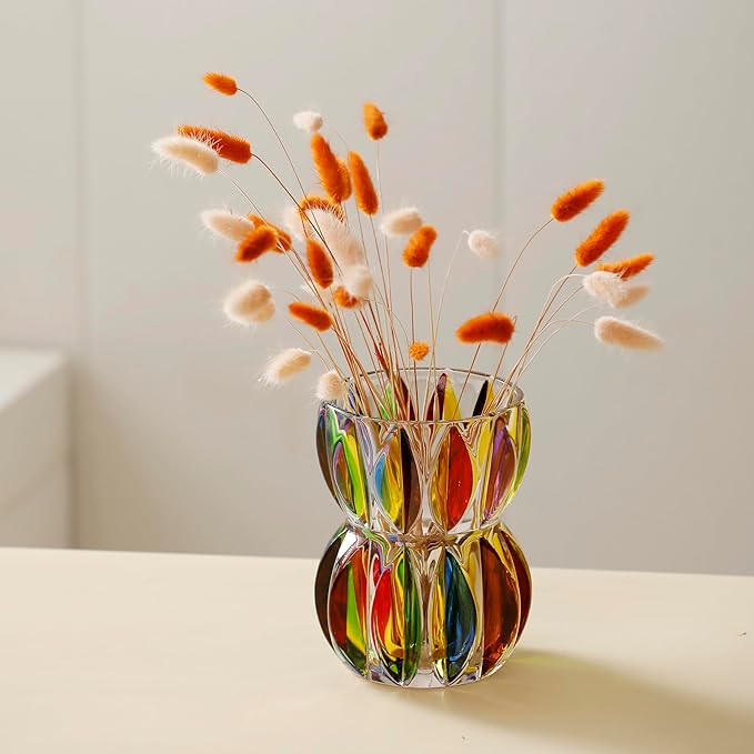 Hand Painted Colorful Crystal Glass Vase 6.9 inch Tall.