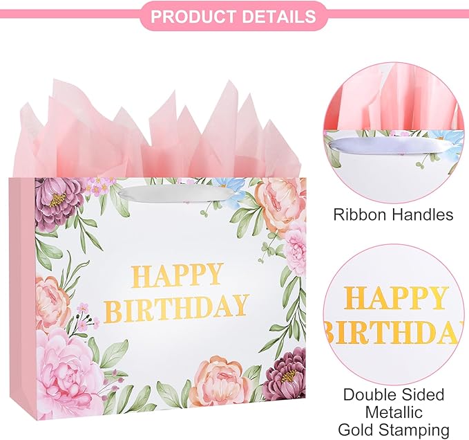 ASYEHJNR 13" Large Size Happy Birthday Gift Bag Metallic Gold Happy Birthday Sign with Floral Peony Flower Pattern Retro Gift Bag with Greeting Card and Tissue Paper and Handle for Girls Women Bday