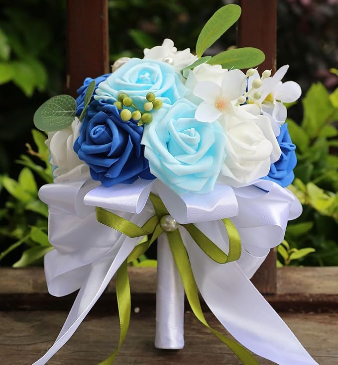 Lightweight Bridal Wedding Bouquet Round Holding Bouquet Throw Toss Artificial Rose Flower Bunch for Bride Bridesmaid Wedding Quinceanera (White, Royal Blue & Light Blue, 6.7")