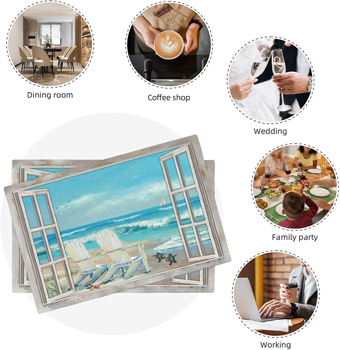 Coastal Beach Placemats Set of 6 Seascape Ocean Table Mats Washable Place Mats for Home Party Indoor Kitchen Dining Table Decoration 12x18 Inch