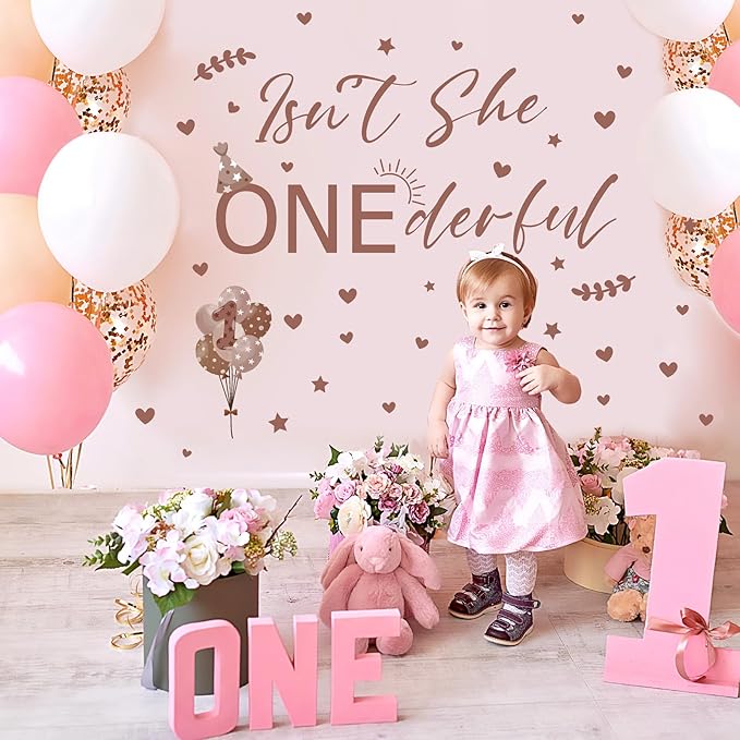Isn't She Onederful Decals 1st Birthday Party Theme Sign Backdrop Sticker Arch Decal First Birthday Decorations for Girls Photography Background Baby Girls Vinyl Stickers for Party Supplies Gift Decor