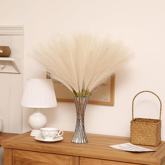 Faux Beige Pampas Grass - 60pcs 24 Inch Boho Home Decor, Artificial pompas Floral, Small Fake Pompous Grass for Table Centerpieces, Wedding and Baby Shower Decorations (Beige, 60 Pieces)
