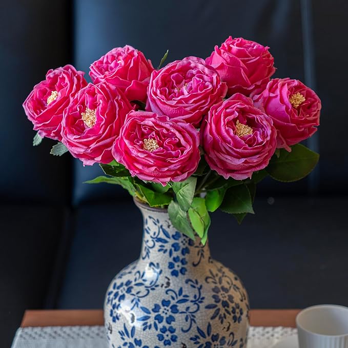 Fake Flowers for Decoration Home Decor Real Touch Artificial Flowers Austin Rose Peony Latex Fake Flower Living Room Decoration Vivid Pink Roses Peonies (Rose red 4pcs)
