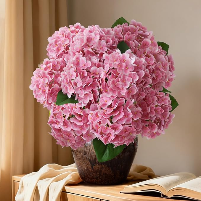 A Bunch 21in, Real Touch Hydrangea Artificial Flowers，,with 5pcs Flower Head 10pcs Leaves, Faux Hydrangea Flowers for Home Office Decor Wedding Party Arrangements (1, Pink)