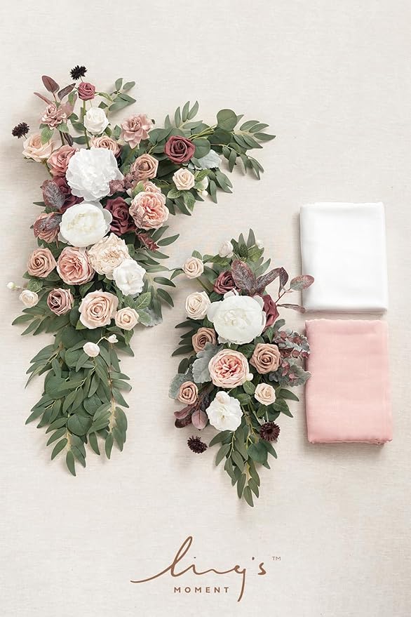 Ling's moment Pink Mauve Artificial Wedding Arch Flowers Kit Pack of 4, 2pcs Hanging Flower Arrangement 2pcs Chiffon Drapes Spring Ceremony Reception Fake Rose Arbor Backdrop Floral Outdoor Decor