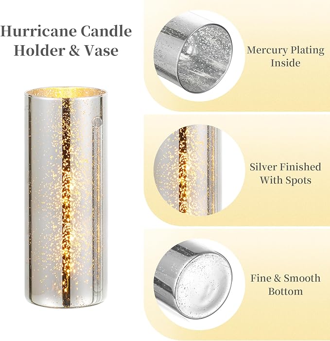 Glass Cylinder Vases Set of 24, Hewory Glittery Silver Vase for Centerpieces, Glass Hurricane Candle Holders for Pillar Floating Candle, Tall Round Vase for Wedding Anniversary Events Home Table Decor