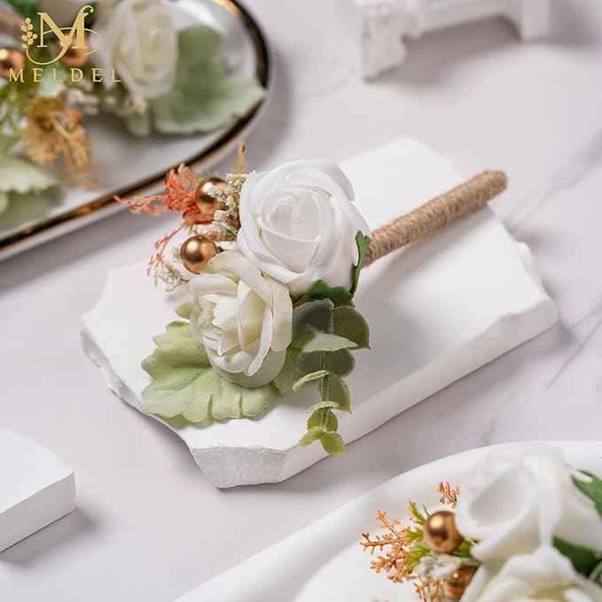 Meldel White Boutonniere for Men Wedding,Set of 6,Groom and Groomsman Boutonniere for Wedding,Greenery Rose Corsage for Men Ceremony Anniversary Party Prom Homecoming