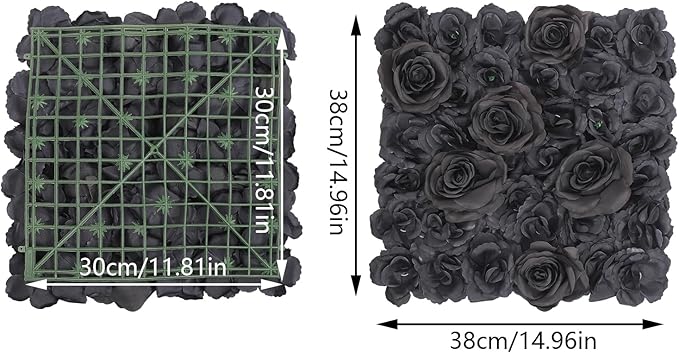 12PCS Black Rose Flower Wall Panels, 3D Artificial Silk Floral Background Decor for Wedding Party Indoor Outdoor Home Decoration (15x15in)