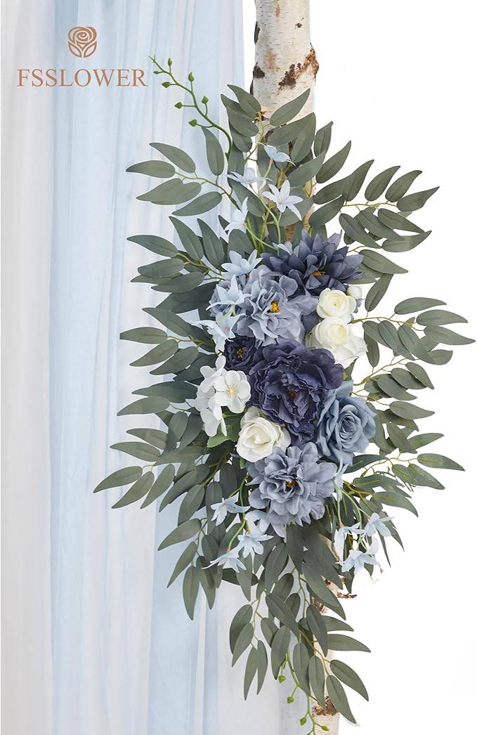 Wedding Arch Flowers with Drapes Kit (Pack of 5) - 2pcs Artificial Dusty Blue Deluxe Swag with 3pcs Sheer Drapes for Wedding Ceremony Backdrop Rose Floral Decoration Arbor Reception