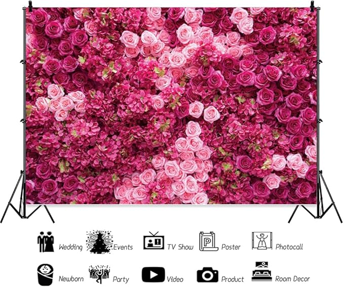 Hot Pink Red Rose Flower Backdrop Flower Wall Backdrop for Girls Woman Birthday Wedding Anniversary Bridal Shower Party Decorations Photo Booth Studio Props Vinyl 5x3ft
