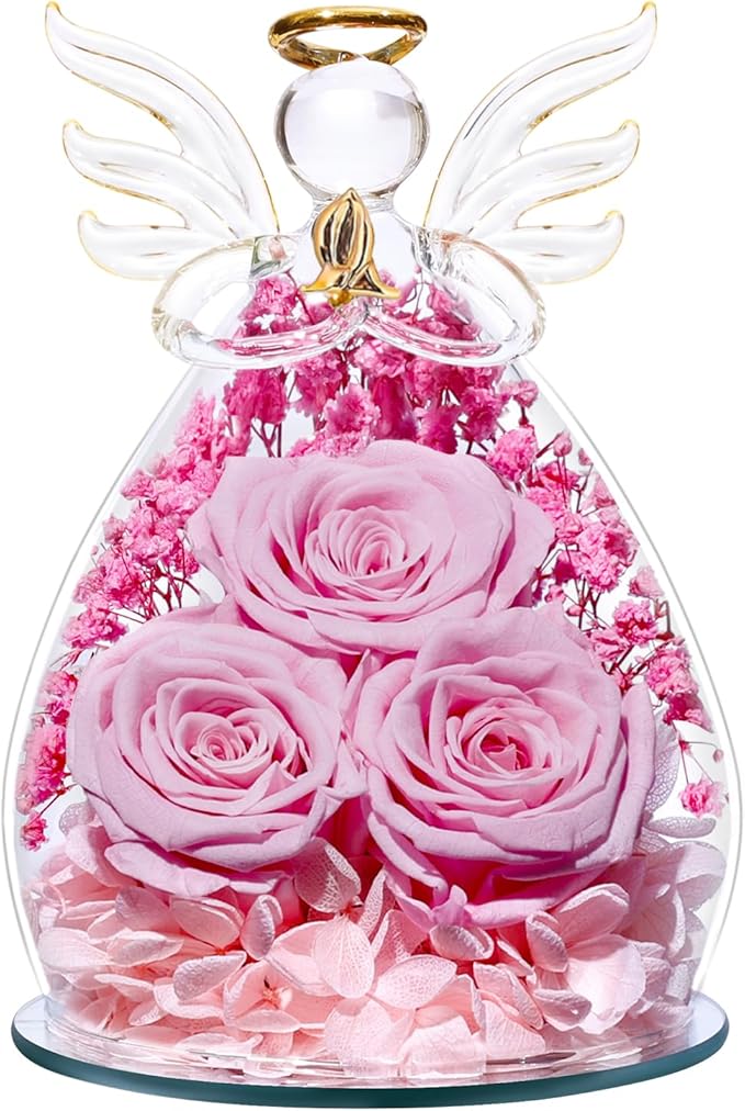 Beferr Christmas Birthday Gifts for Women, Mom Gifts for Christmas Fresh Flowers for Delivery Prime Forever Preserved Rose in Glass Angel Figurine Xmas Gifts for Grandma Wife Sister Her, Pink