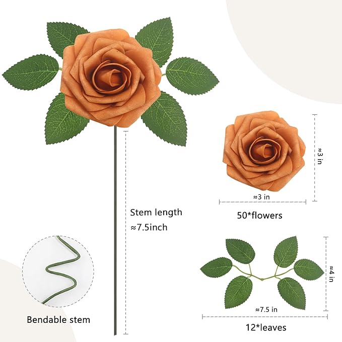50Pcs Artificial Flowers Gold Sparrow Roses Real Looking Foam Fake Roses with Leaves for DIY Wedding Bouquets Bridal Shower Party Decorations (Gold Sparrow, 50)